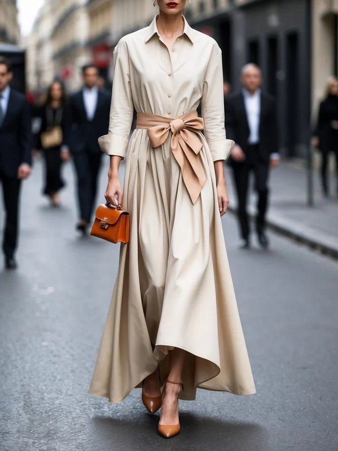 Dames Elegante Lange Mouw Strik Maxi Jurk - Beige