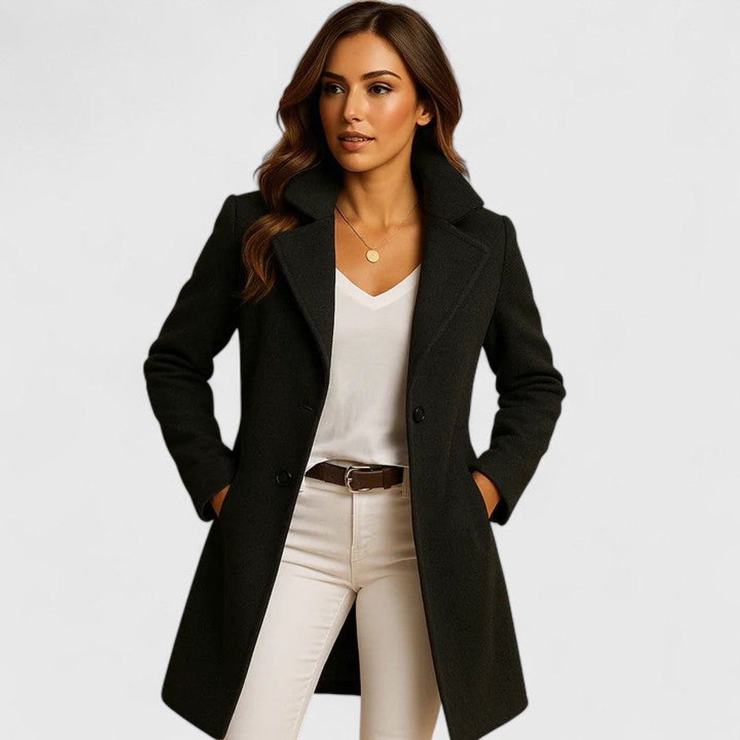 Dames Elegante Lange Wollen Women Coat met Knoopsluiting - Zwart