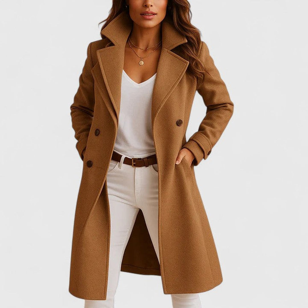 Dames Elegante Lange Wollen Women Coat met Knoopsluiting - Camel