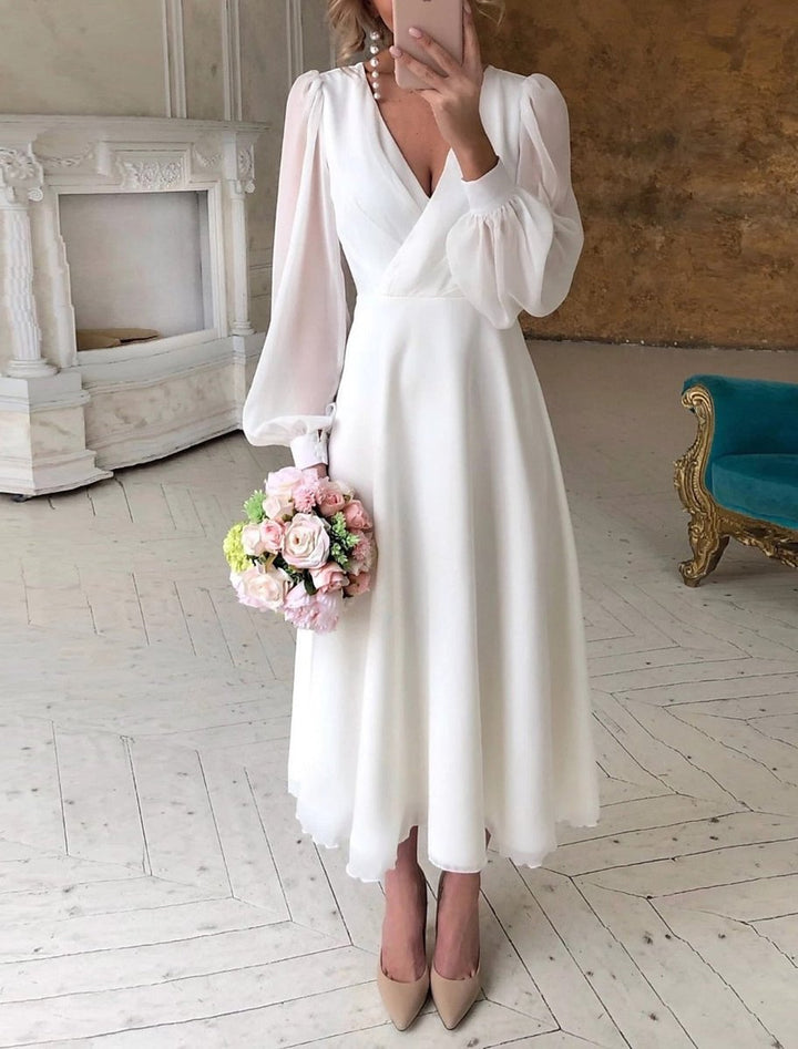 Dames Elegante Long Sleeve Dress V-hals Pofmouw Midi Bruiloft - Wit