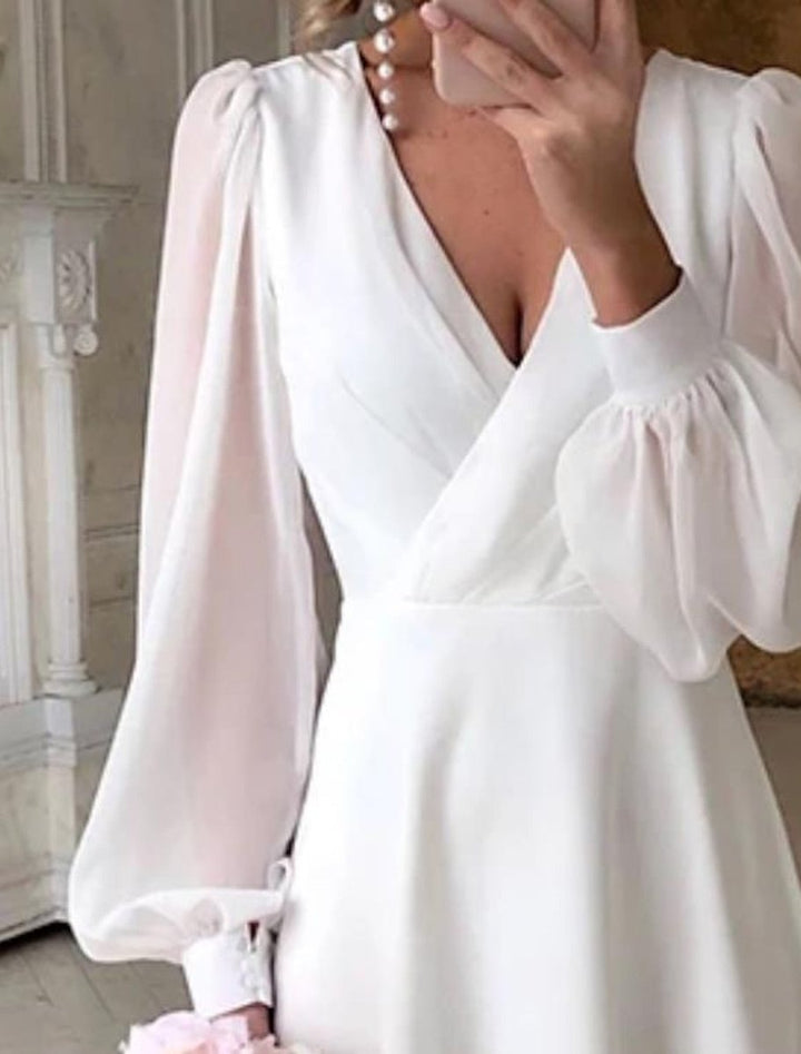 Dames Elegante Long Sleeve Dress V-hals Pofmouw Midi Bruiloft