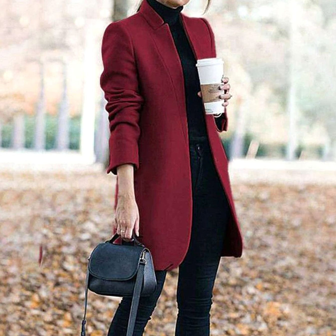 Dames Elegante Longline Winterjas Staande Kraag - Wijnrood