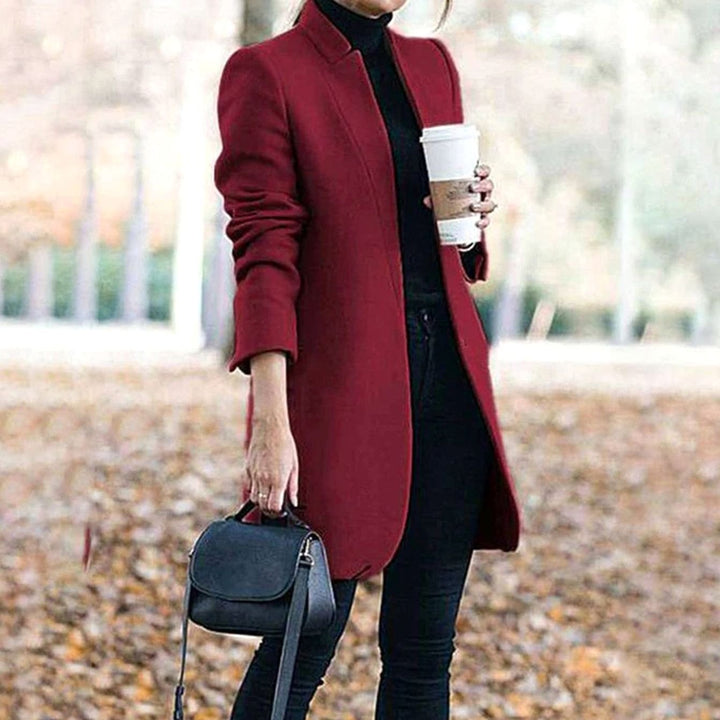 Dames Elegante Longline Winterjas Staande Kraag - Wijnrood