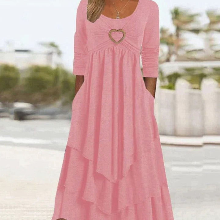 Dames Elegante Maxi Avondjurk Hartdetail Gelaagde Rok - Roze