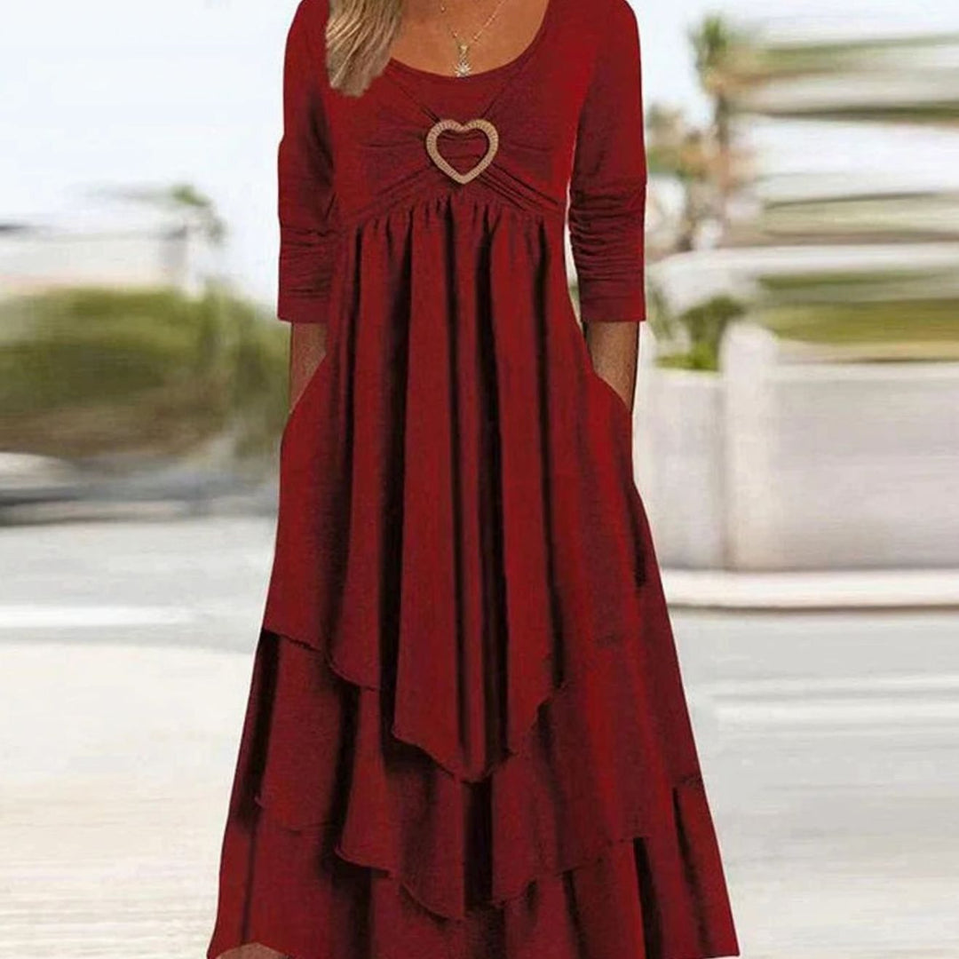 Dames Elegante Maxi Avondjurk Hartdetail Gelaagde Rok - Rood