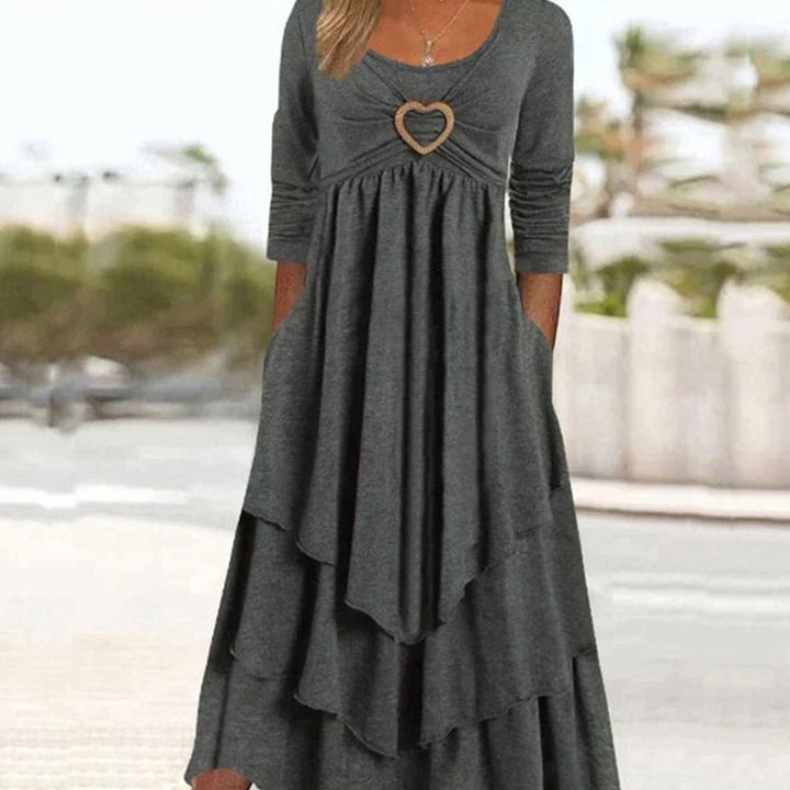 Dames Elegante Maxi Avondjurk Hartdetail Gelaagde Rok - Donkergrijs