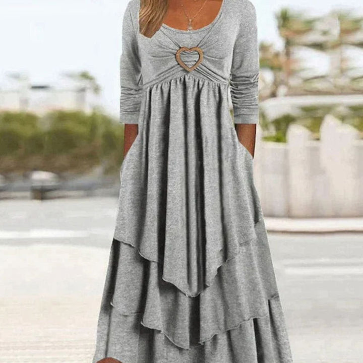 Dames Elegante Maxi Avondjurk Hartdetail Gelaagde Rok - Lichtgrijs