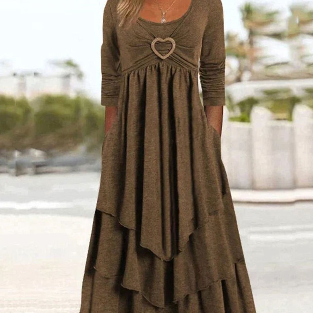Dames Elegante Maxi Avondjurk Hartdetail Gelaagde Rok - Bruin