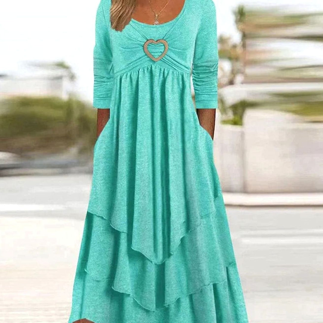 Dames Elegante Maxi Avondjurk Hartdetail Gelaagde Rok - Blauw
