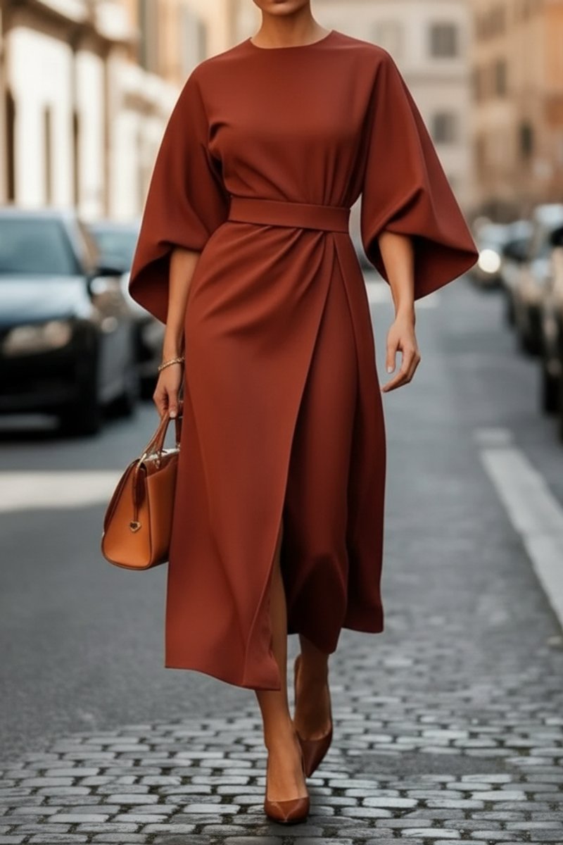 Dames Elegante Midi Cocktailjurk Lantaarnmouwen Tailleband - Rust Brown