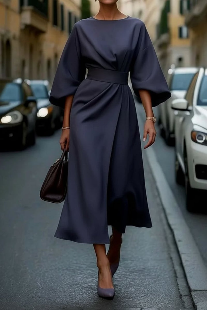 Dames Elegante Midi Cocktailjurk Lantaarnmouwen Tailleband - Navy Blue