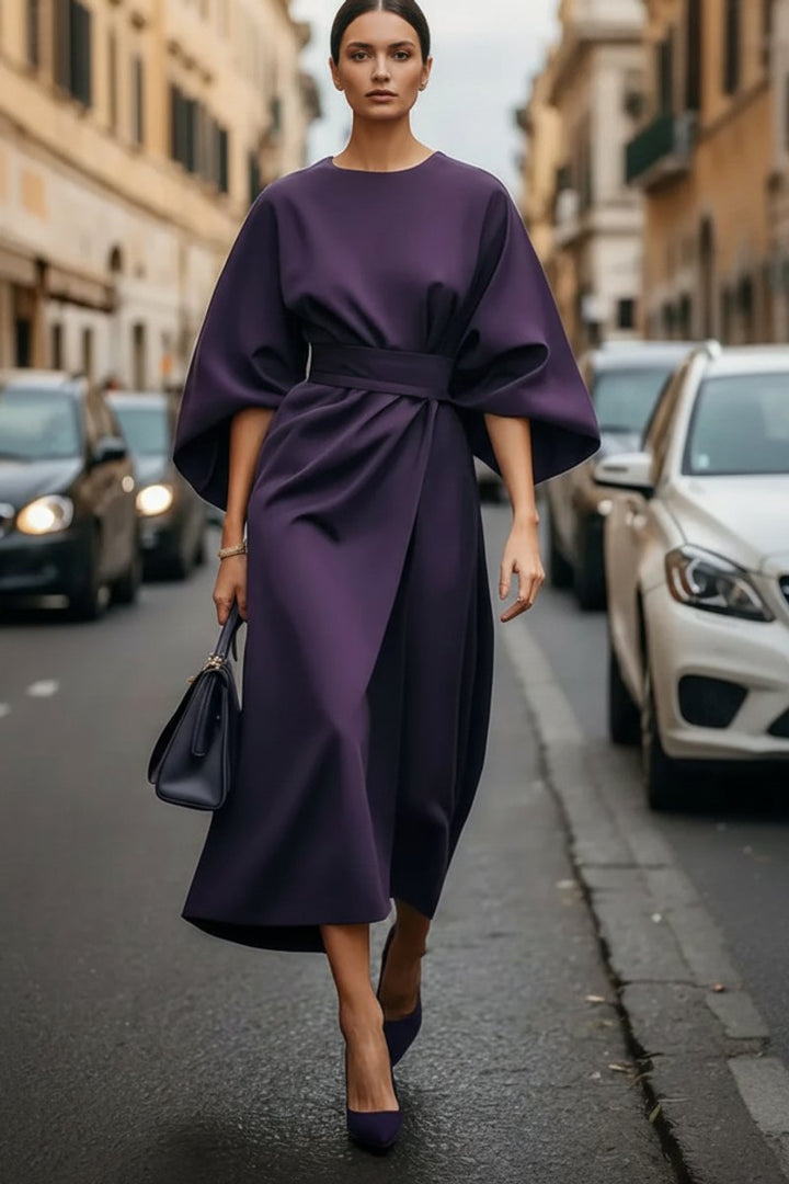 Dames Elegante Midi Cocktailjurk Lantaarnmouwen Tailleband