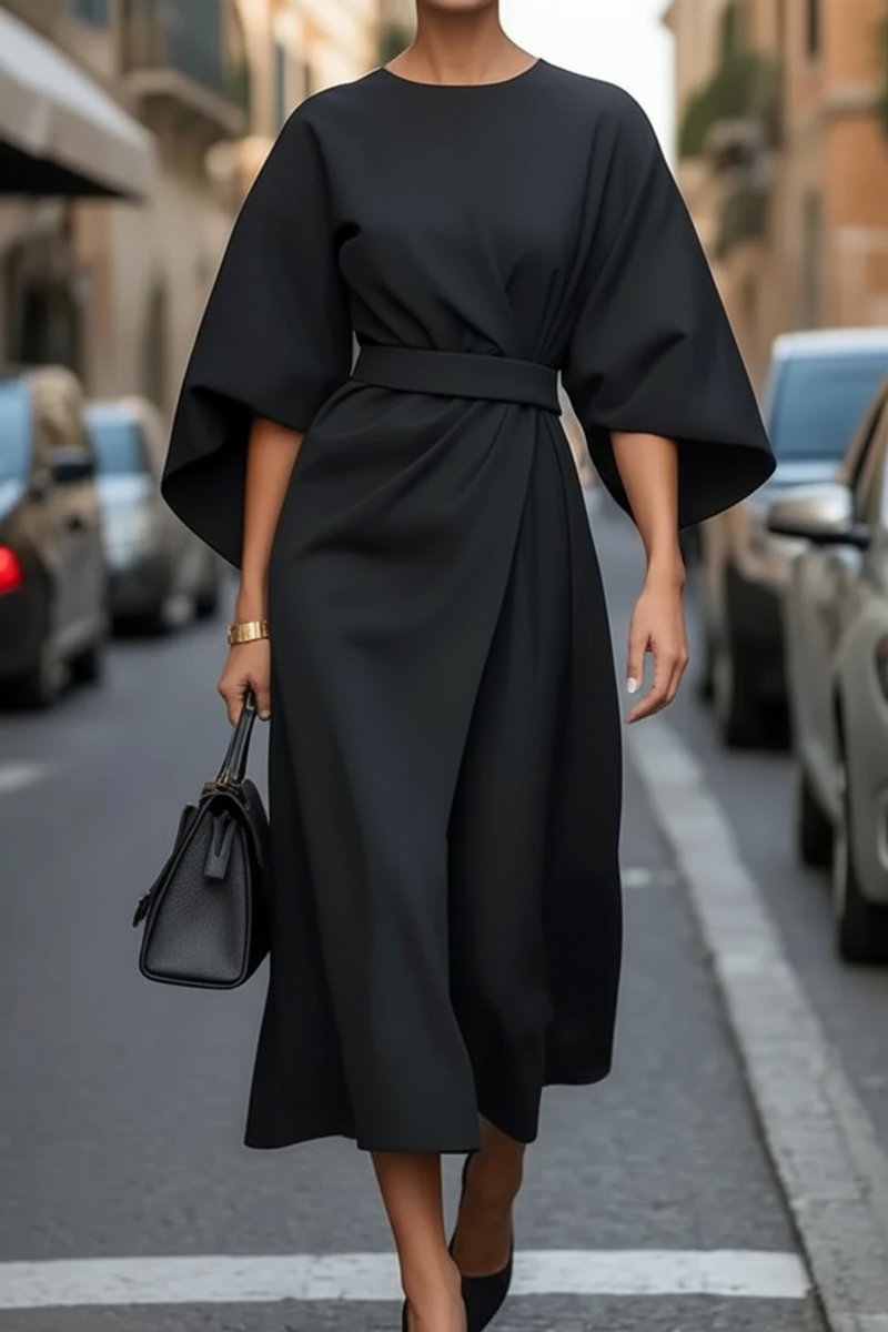 Dames Elegante Midi Cocktailjurk Lantaarnmouwen Tailleband - Black