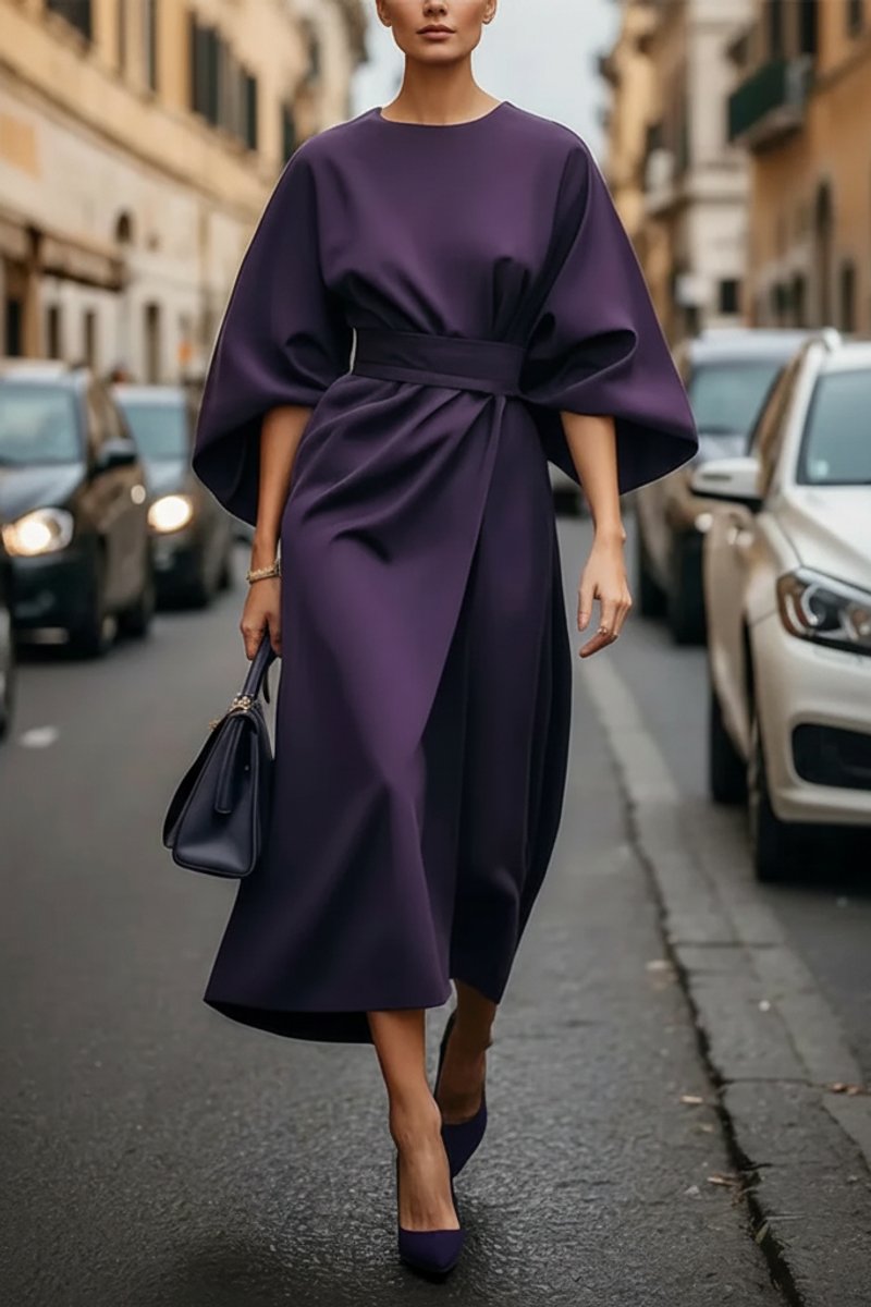 Dames Elegante Midi Cocktailjurk Lantaarnmouwen Tailleband - Purple