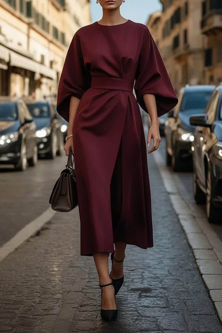 Dames Elegante Midi Cocktailjurk Lantaarnmouwen Tailleband - Burgundy