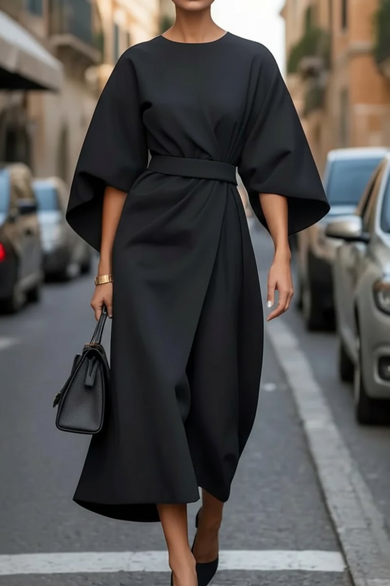 Dames Elegante Midi Cocktailjurk Lantaarnmouwen Tailleband