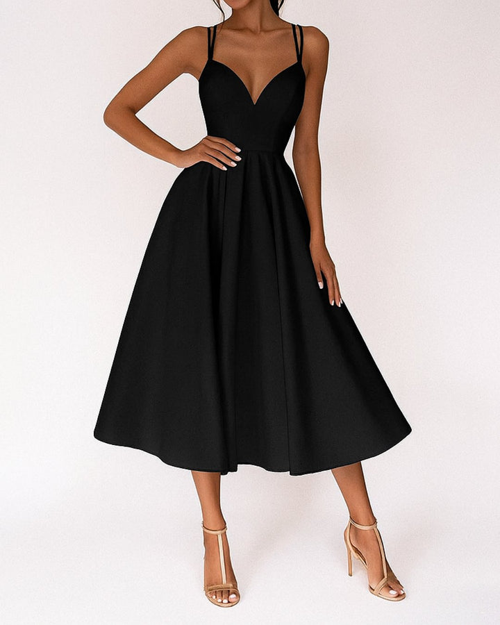 Dames Elegante Midi-jurk Spaghettibandjes Bruiloftsgasten - Zwart