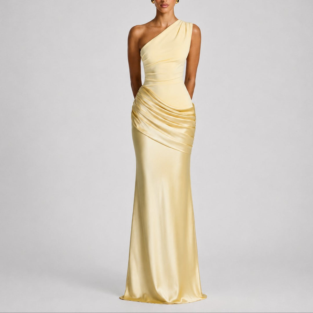 Dames Elegante One Shoulder Satijnen Maxi Jurk Bruiloft Gast - Geel