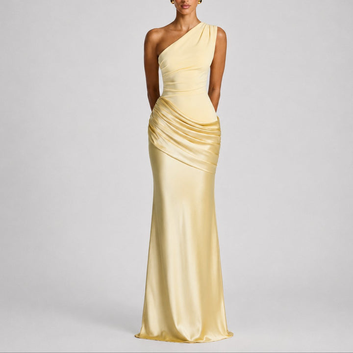 Dames Elegante One Shoulder Satijnen Maxi Jurk Bruiloft Gast - Geel