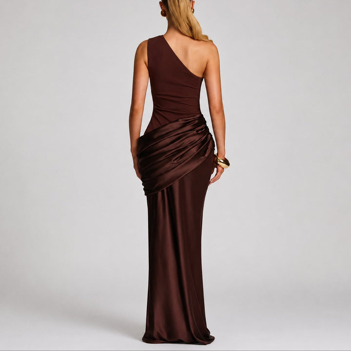 Dames Elegante One Shoulder Satijnen Maxi Jurk Bruiloft Gast