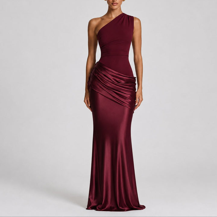 Dames Elegante One Shoulder Satijnen Maxi Jurk Bruiloft Gast - Rood