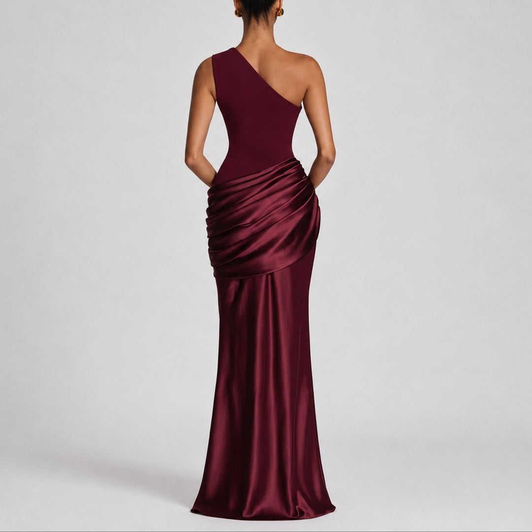 Dames Elegante One Shoulder Satijnen Maxi Jurk Bruiloft Gast