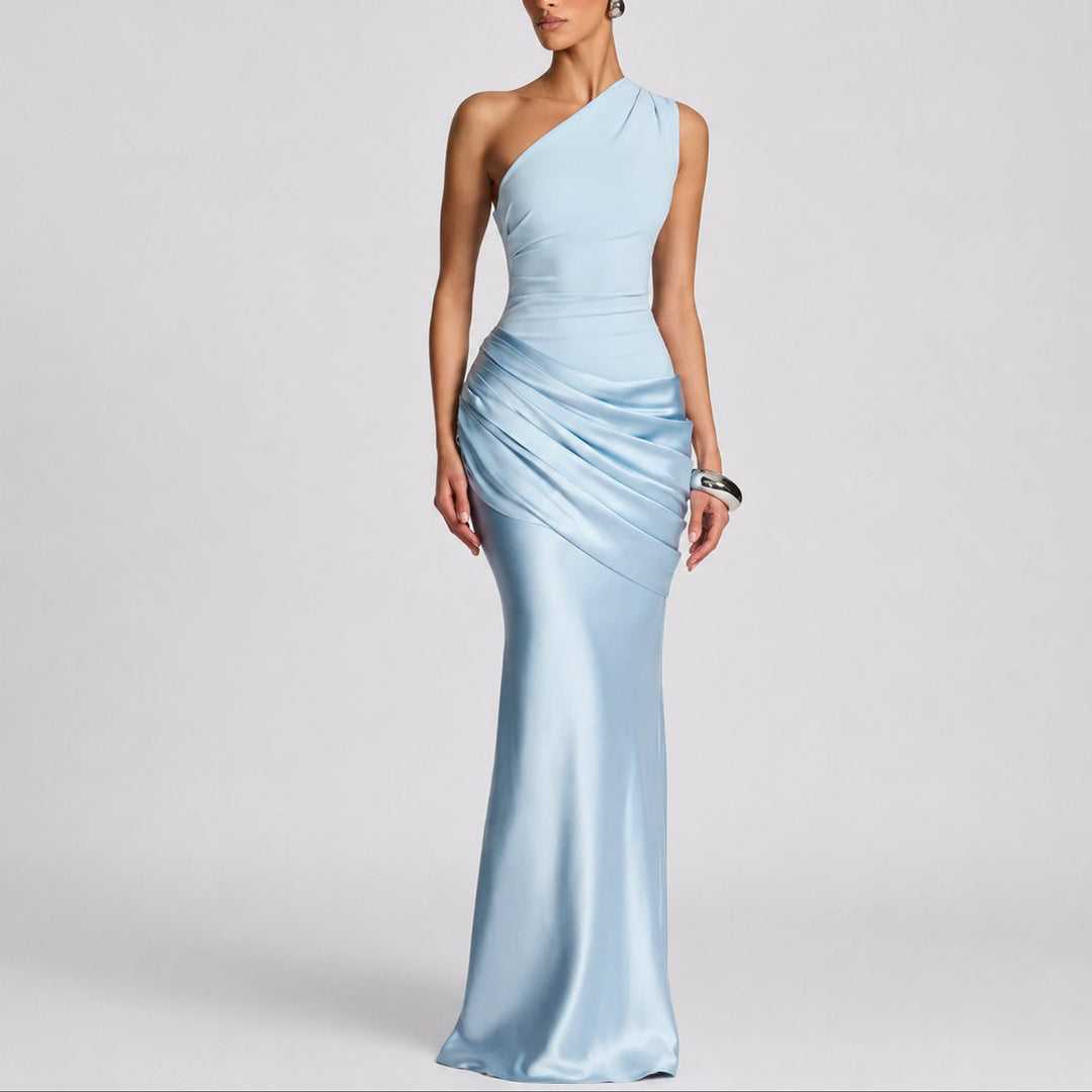 Dames Elegante One Shoulder Satijnen Maxi Jurk Bruiloft Gast - Lichtblauw