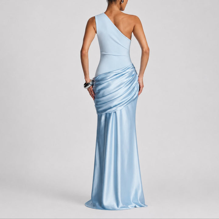 Dames Elegante One Shoulder Satijnen Maxi Jurk Bruiloft Gast