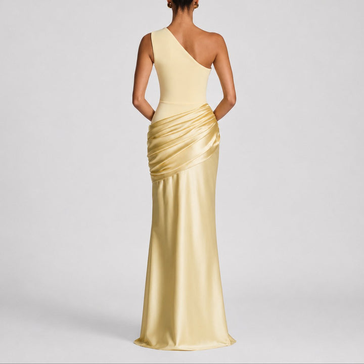 Dames Elegante One Shoulder Satijnen Maxi Jurk Bruiloft Gast
