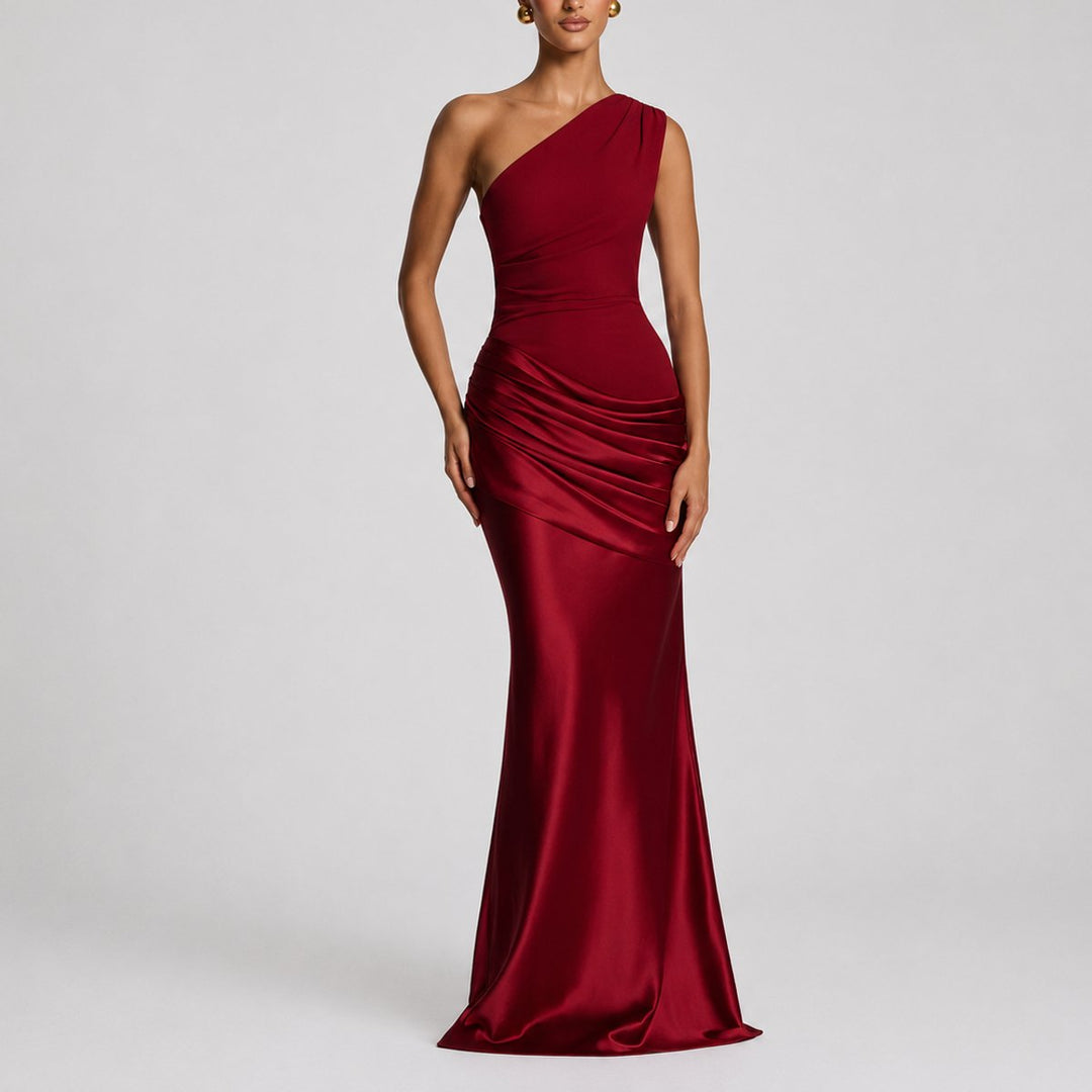 Dames Elegante One Shoulder Satijnen Maxi Jurk Bruiloft Gast