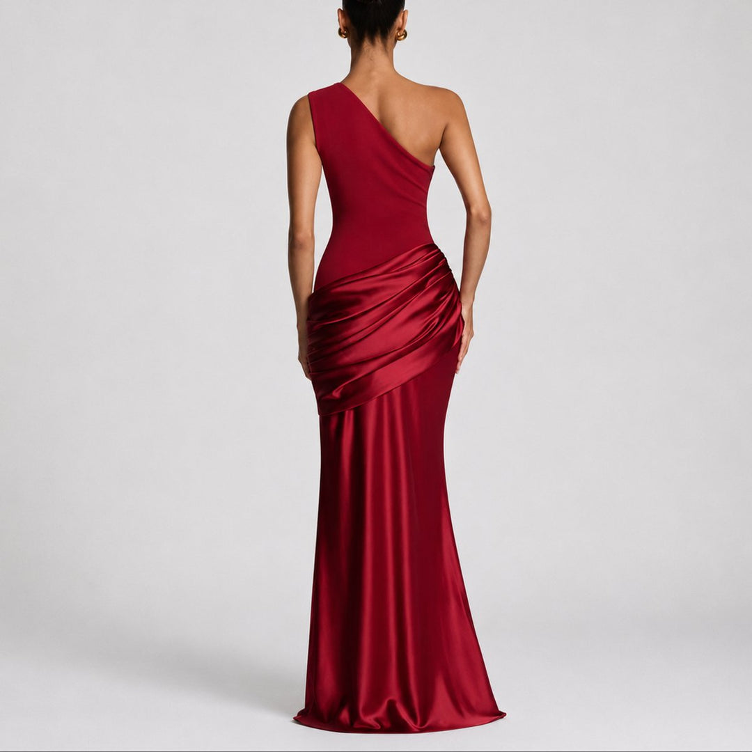 Dames Elegante One Shoulder Satijnen Maxi Jurk Bruiloft Gast