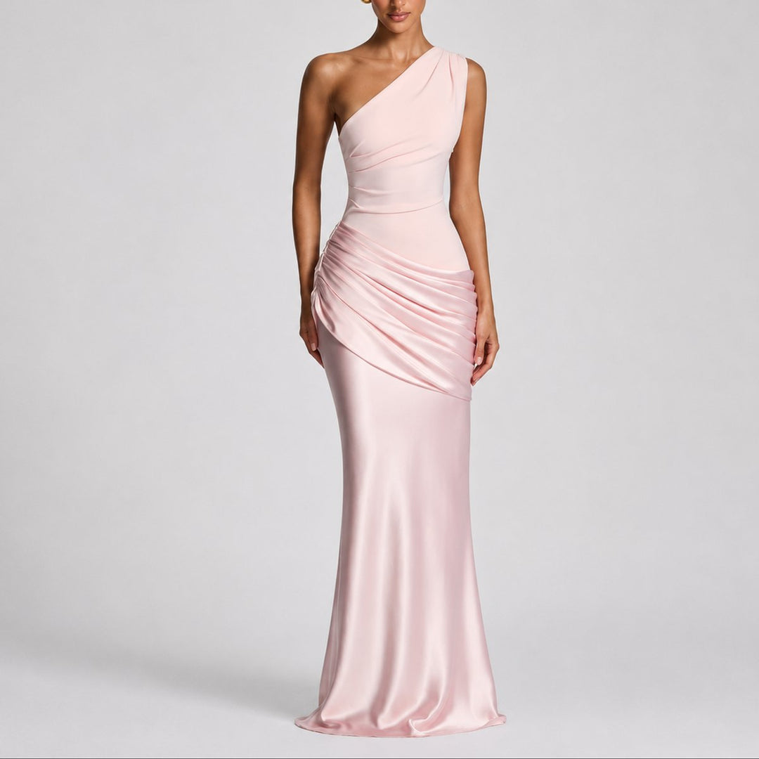 Dames Elegante One Shoulder Satijnen Maxi Jurk Bruiloft Gast - Roze