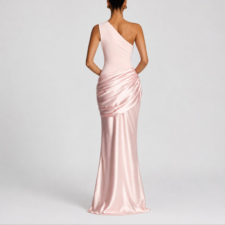 Dames Elegante One Shoulder Satijnen Maxi Jurk Bruiloft Gast