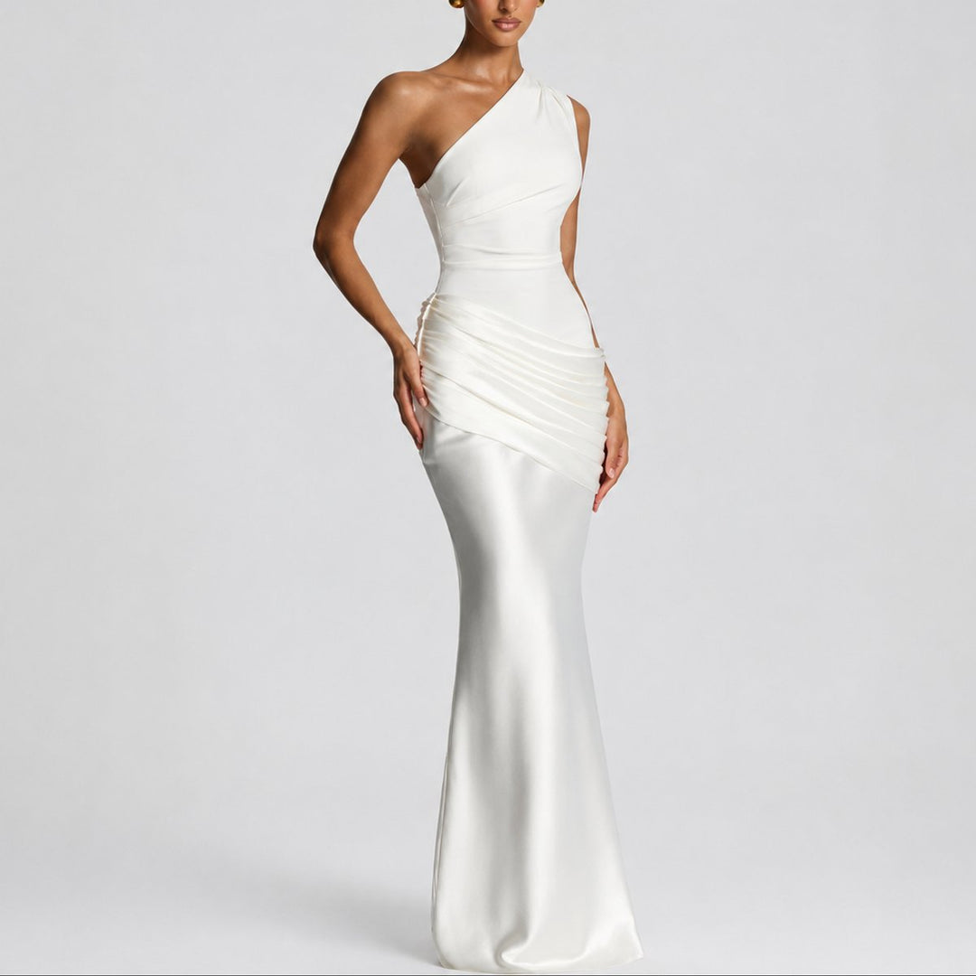 Dames Elegante One Shoulder Satijnen Maxi Jurk Bruiloft Gast - Wit