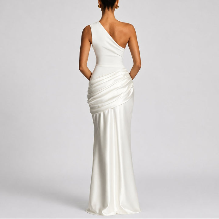 Dames Elegante One Shoulder Satijnen Maxi Jurk Bruiloft Gast