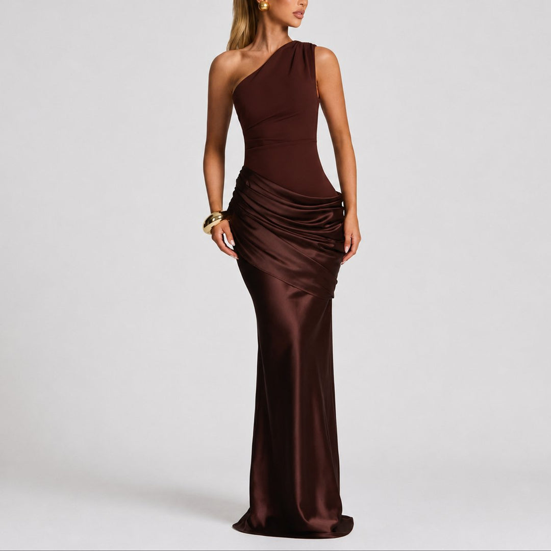 Dames Elegante One Shoulder Satijnen Maxi Jurk Bruiloft Gast - Bruin