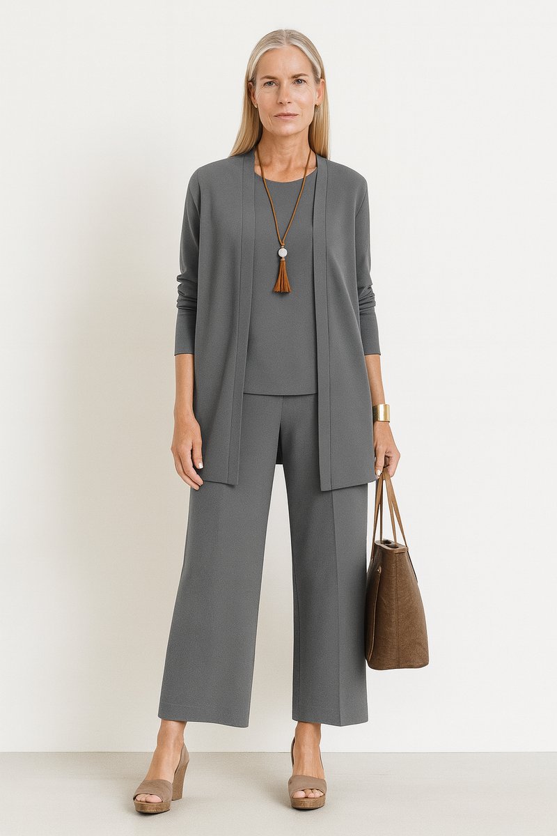 Dames Elegante Open Longline Cardigan Top Culotte Broek Set - Grau