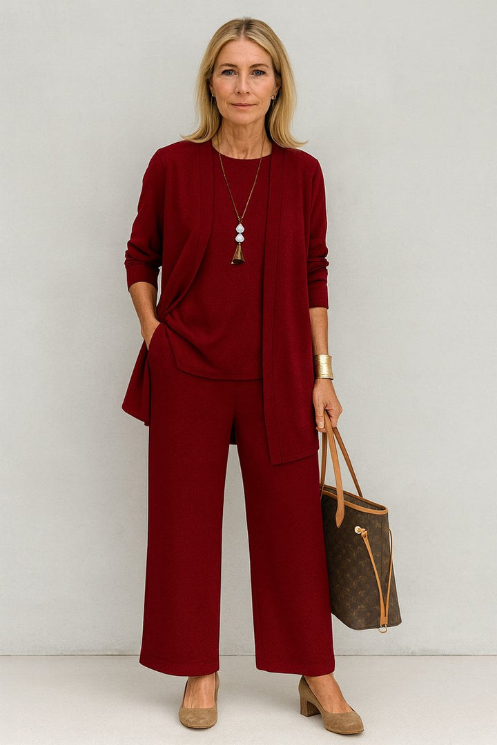 Dames Elegante Open Longline Cardigan Top Culotte Broek Set - Rot