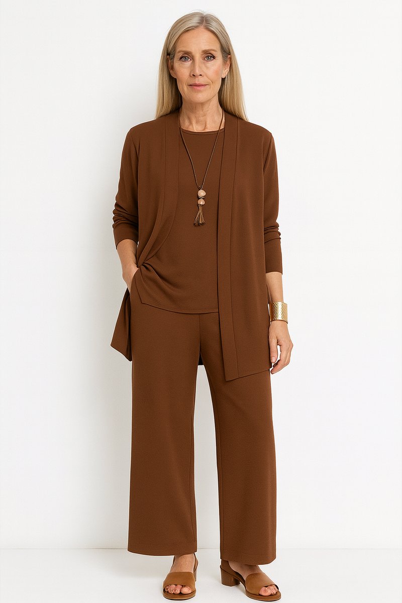 Dames Elegante Open Longline Cardigan Top Culotte Broek Set - Braun