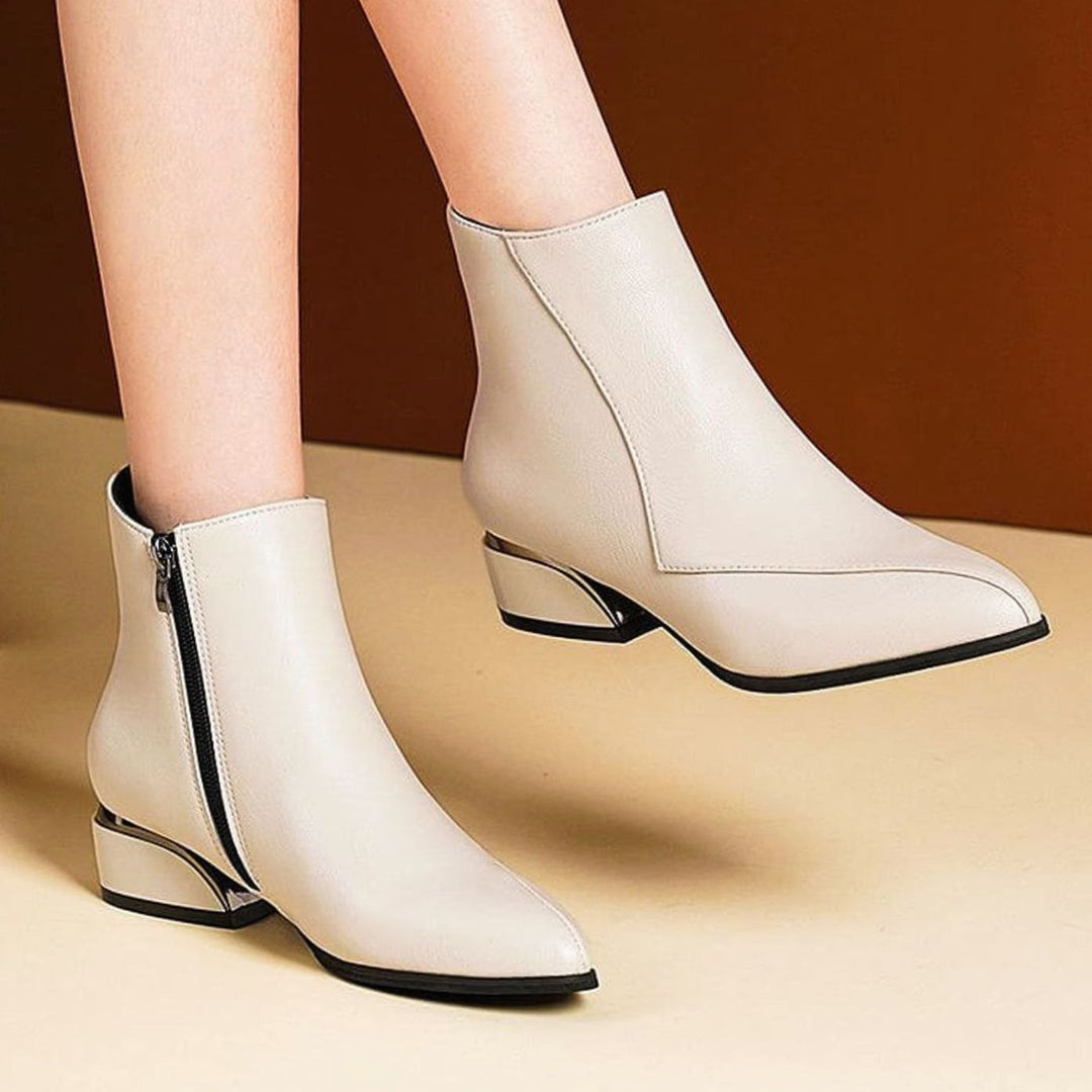 Dames Elegante Puntneus Enkellaarsjes met Metallic Hak en Rits