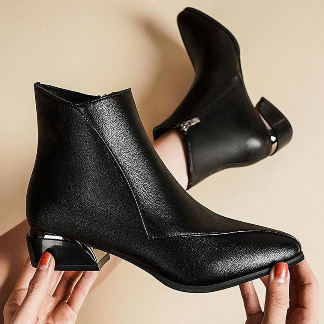 Dames Elegante Puntneus Enkellaarsjes met Metallic Hak en Rits - Middernachtzwart