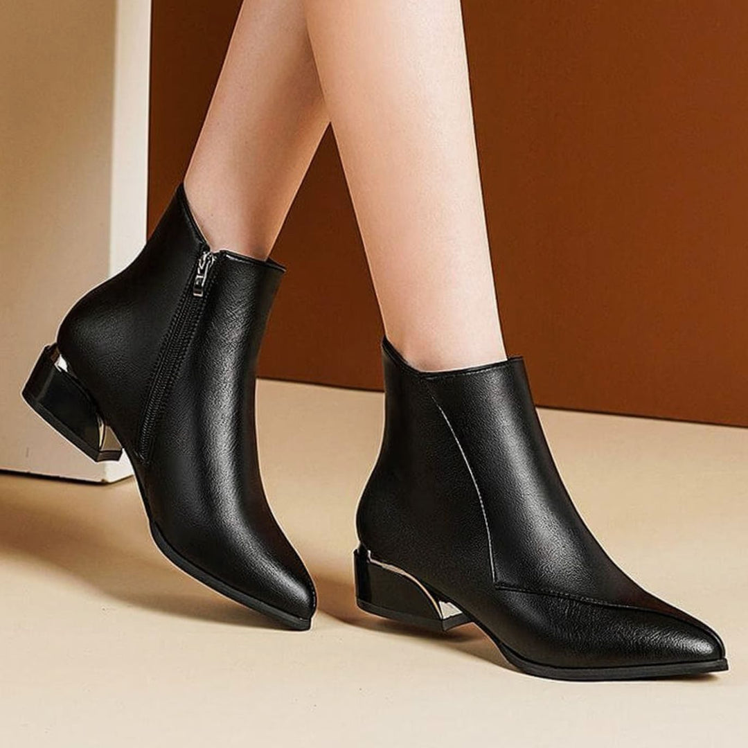 Dames Elegante Puntneus Enkellaarsjes met Metallic Hak en Rits
