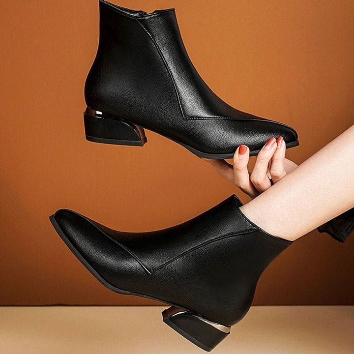 Dames Elegante Puntneus Enkellaarsjes met Metallic Hak en Rits