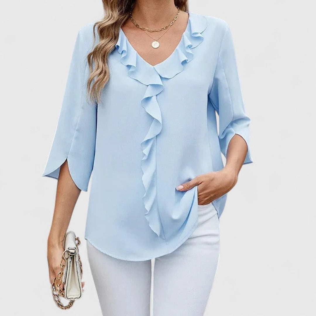 Dames Elegante Ruches V-hals Blouse Driekwart Mouw
