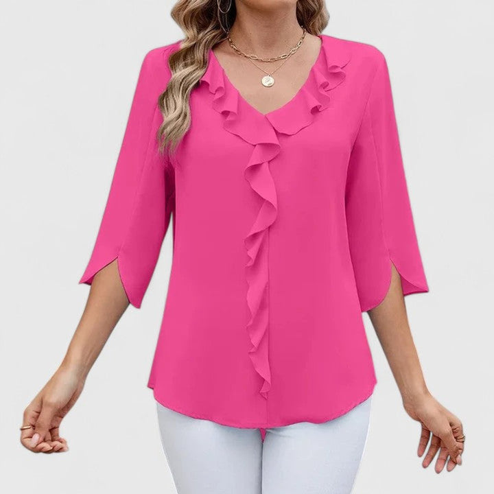 Dames Elegante Ruches V-hals Blouse Driekwart Mouw - Pink
