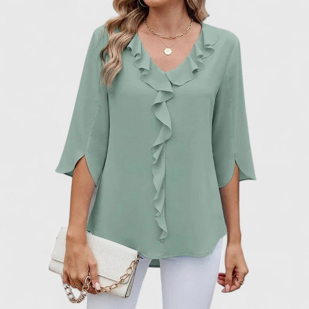 Dames Elegante Ruches V-hals Blouse Driekwart Mouw - Green
