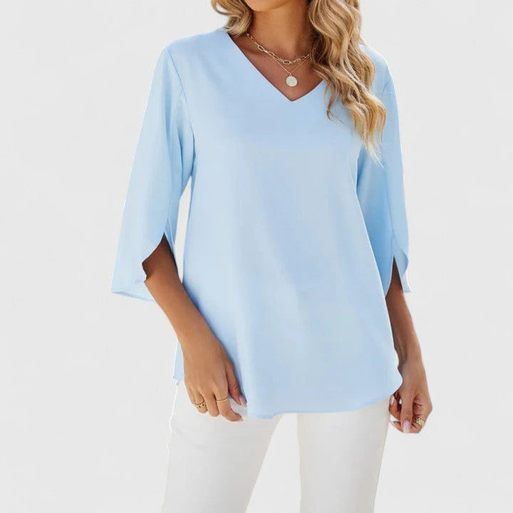 Dames Elegante Ruches V-hals Blouse Driekwart Mouw - Classic Blue