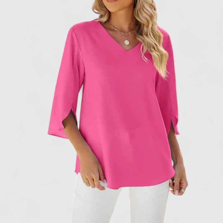 Dames Elegante Ruches V-hals Blouse Driekwart Mouw - Classic Pink