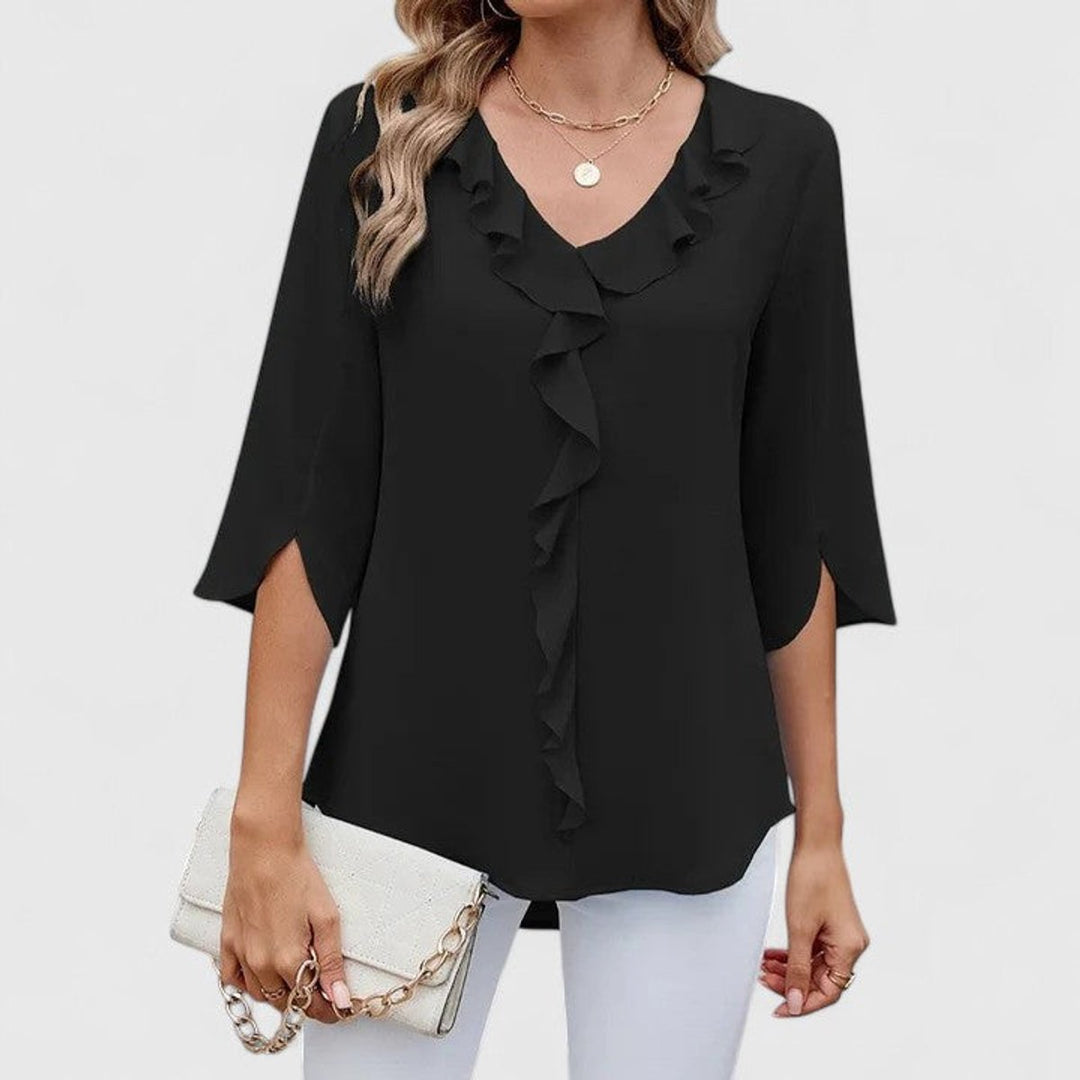 Dames Elegante Ruches V-hals Blouse Driekwart Mouw - Black