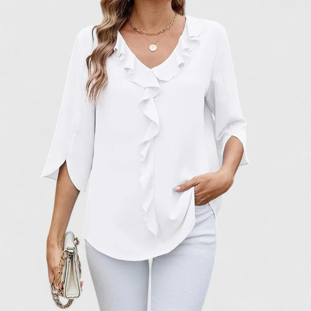 Dames Elegante Ruches V-hals Blouse Driekwart Mouw - White